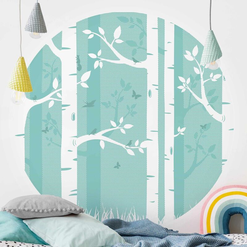 

Papel pintado redondo autoadhesivo - Green Birch Forest With Butterflies And Birds Dimensión LxA: 50cm x 50cm