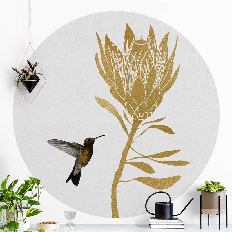 

Papel pintado redondo autoadhesivo - Hummingbird And Tropical Golden Blossom Dimensión LxA: 75cm x 75cm