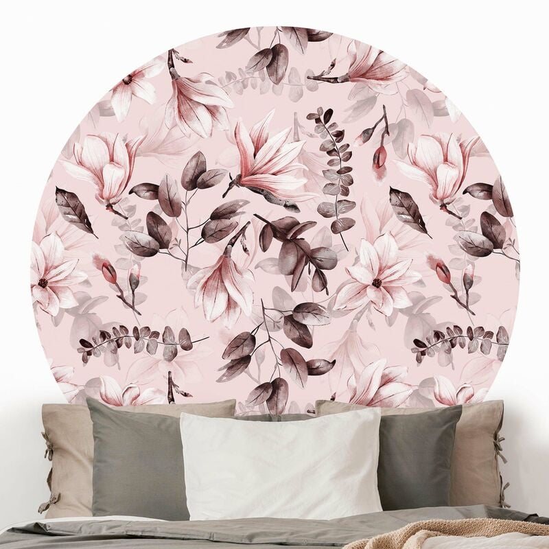 

Papel pintado redondo autoadhesivo - Blossoms With Gray Leaves In Front Of Pink Dimensión LxA: 150cm x 150cm