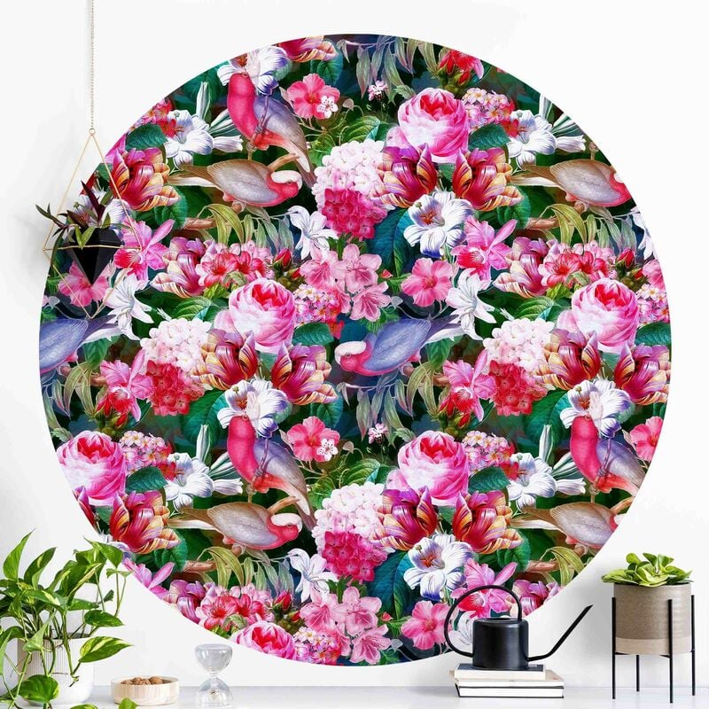 

Papel pintado redondo autoadhesivo - Colorful Tropical Flowers With Birds Pink Dimensión LxA: 175cm x 175cm