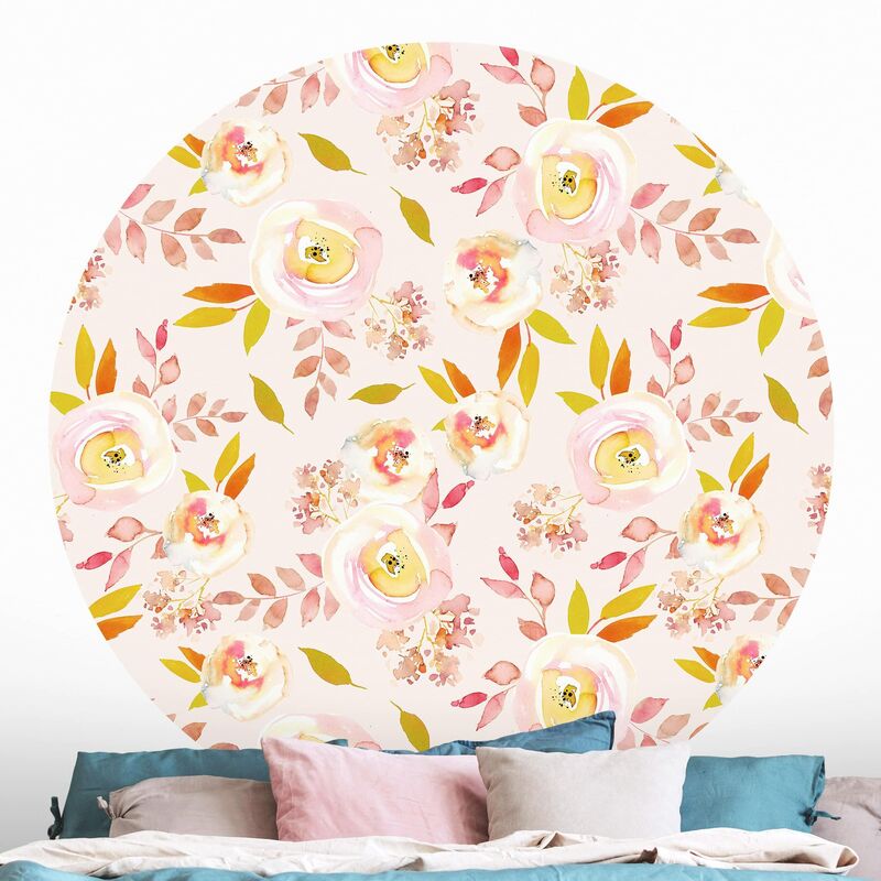 

Papel pintado redondo autoadhesivo - Yellow Leaves With Watercolor Flowers In Front Of Pink Dimensión LxA: 150cm x 150cm