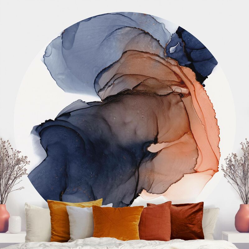 

Papel pintado redondo autoadhesivo - Drops Of Ocean Blue And Orange With Gold Dimensión LxA: 244cm x 244cm