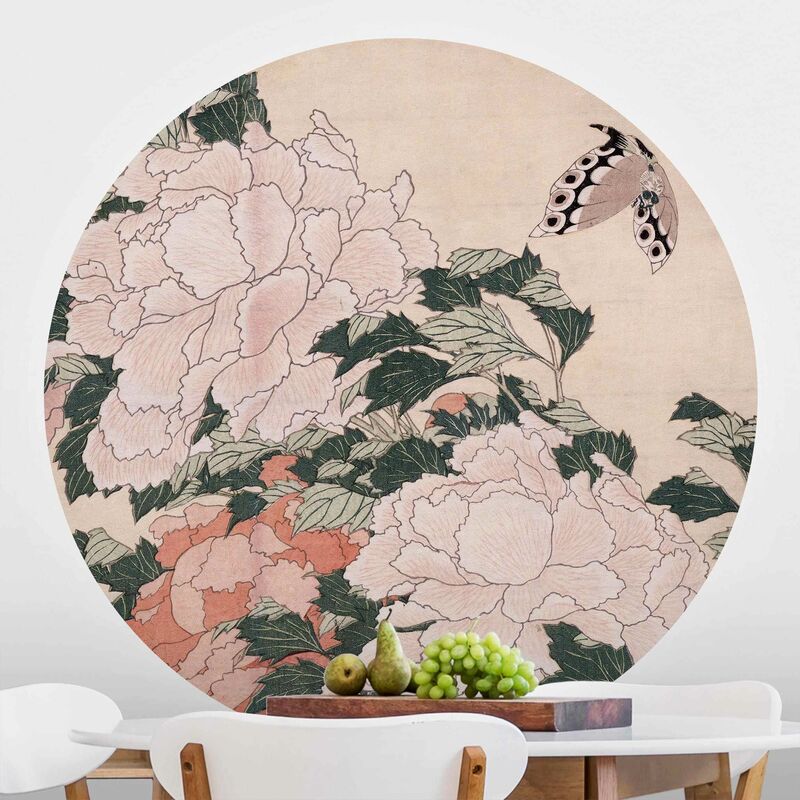 

Papel pintado redondo autoadhesivo - Katsushika Hokusai - Pink Peonies With Butterfly Dimensión LxA: 122cm x 122cm