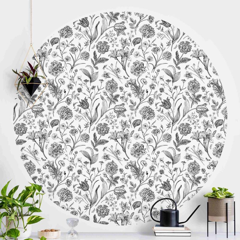 

Papel pintado redondo autoadhesivo - Flower Dance In Black Dimensión LxA: 75cm x 75cm