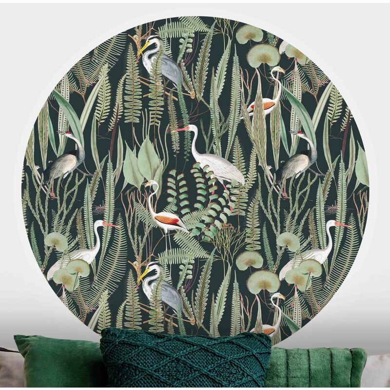 

Papel pintado redondo autoadhesivo - Flamingos And Storks With Plants On Green Dimensión LxA: 50cm x 50cm