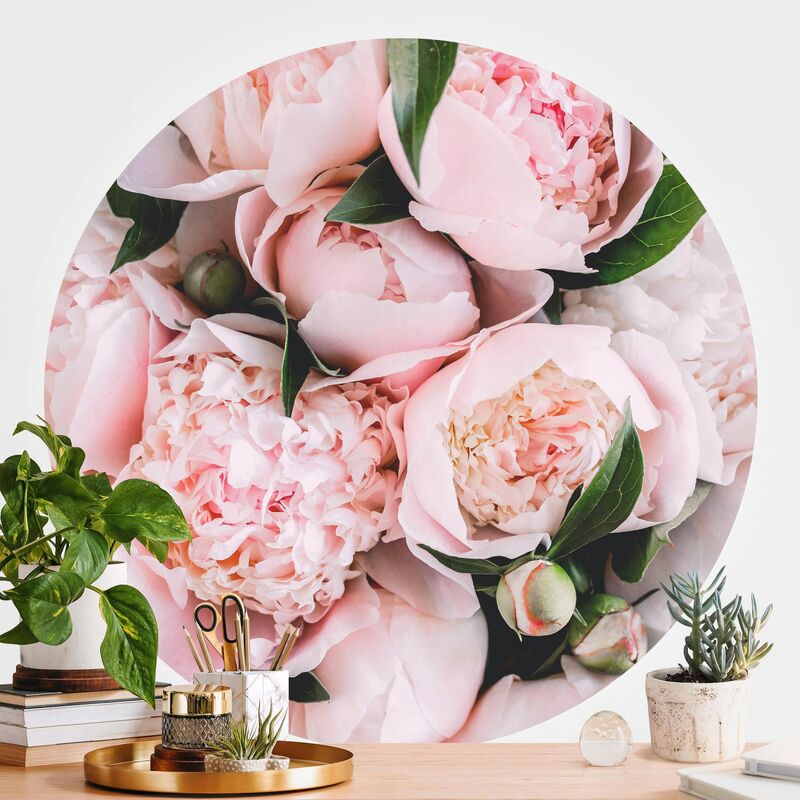 

Papel pintado redondo autoadhesivo - Pink Peonies With Leaves Dimensión LxA: 225cm x 225cm