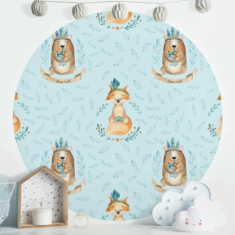 

Papel pintado redondo autoadhesivo - Bears And Foxes In Front Of Blue Dimensión LxA: 100cm x 100cm