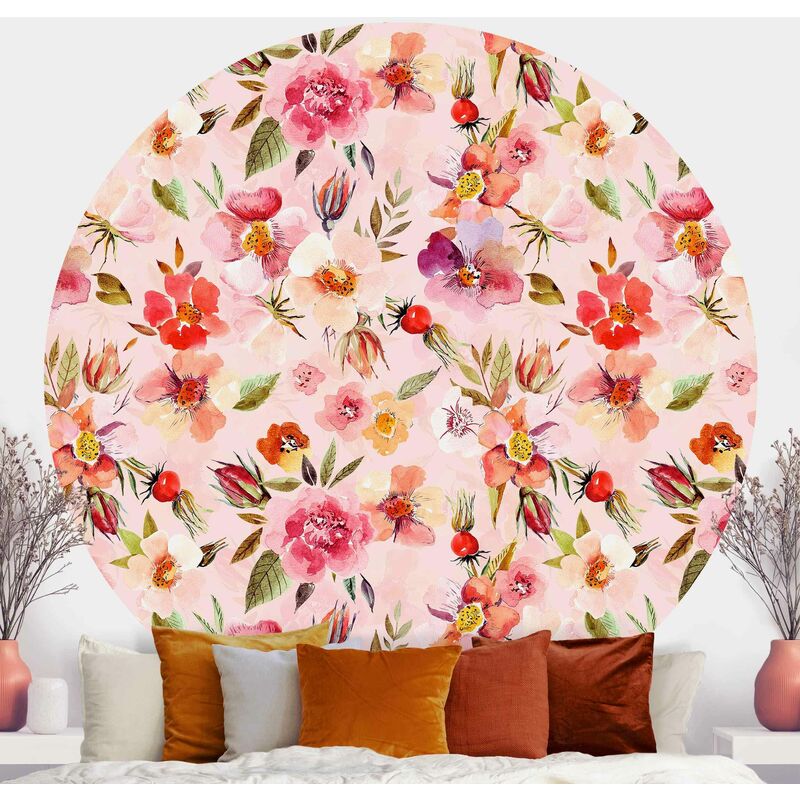 

Papel pintado redondo autoadhesivo - Watercolour Flowers On Light Pink Dimensión LxA: 150cm x 150cm