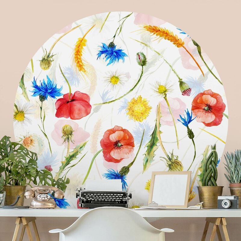 

Papel pintado redondo autoadhesivo - Watercolour Wild Flowers With Poppies Dimensión LxA: 225cm x 225cm