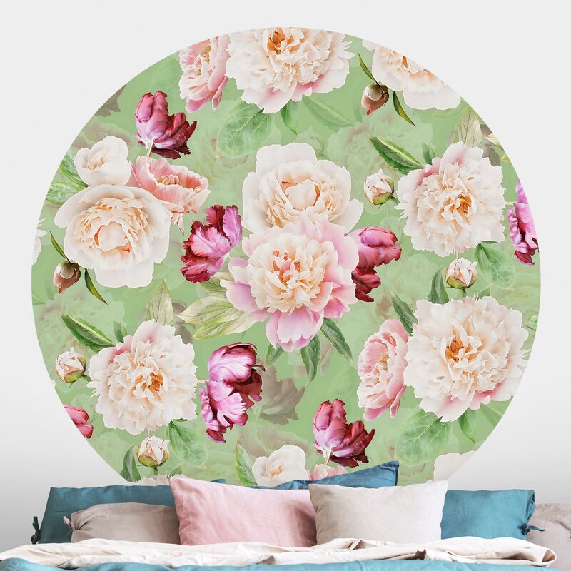 

Papel pintado redondo autoadhesivo - Peonies On Mint Green Dimensión LxA: 100cm x 100cm
