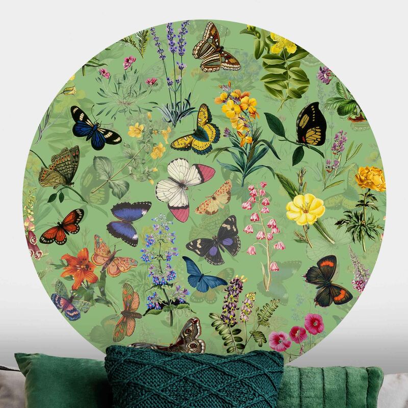

Papel pintado redondo autoadhesivo - Butterflies With Flowers On Green Dimensión LxA: 50cm x 50cm