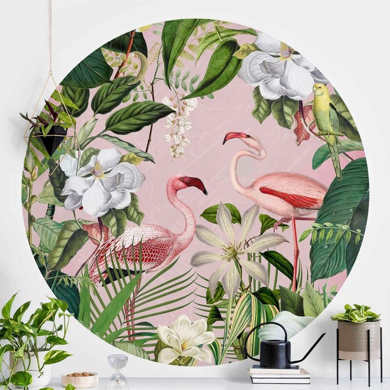 

Papel pintado redondo autoadhesivo - Tropical Flamingos With Plants In Pink Dimensión LxA: 75cm x 75cm