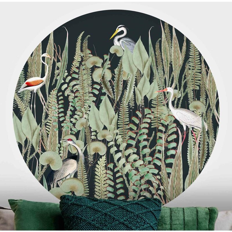 

Papel pintado redondo autoadhesivo - Flamingo And Stork With Plants On Green Dimensión LxA: 75cm x 75cm