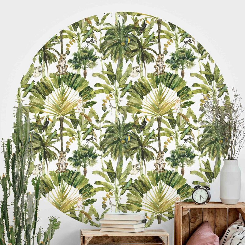 

Papel pintado redondo autoadhesivo - Watercolor Banana Tree And Leopard Pattern Dimensión LxA: 122cm x 122cm