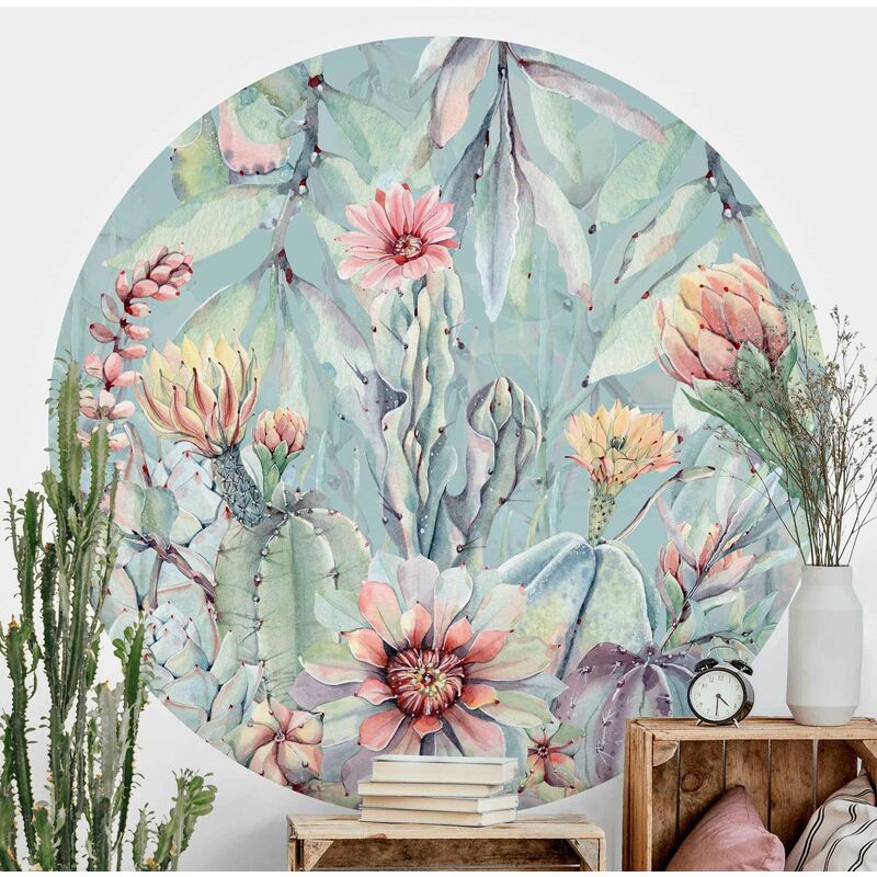 

Papel pintado redondo autoadhesivo - Watercolor Blooming Cactus Bouquet Dimensión LxA: 100cm x 100cm