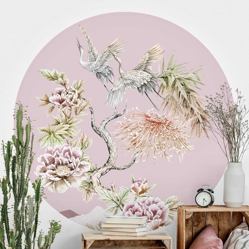 

Papel pintado redondo autoadhesivo - Watercolor Storks In Flight With Flowers On Pink Dimensión LxA: 225cm x 225cm