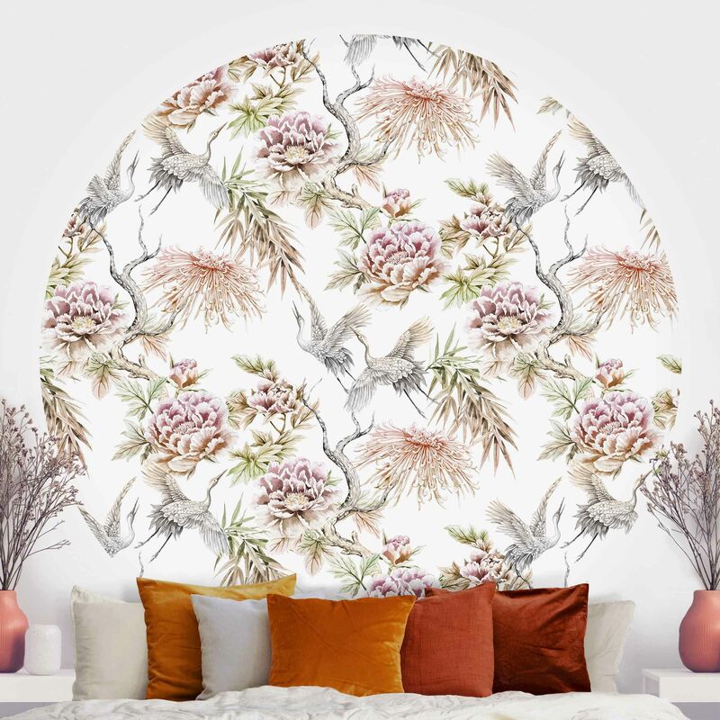 

Papel pintado redondo autoadhesivo - Watercolor Birds With Large Flowers Dimensión LxA: 50cm x 50cm