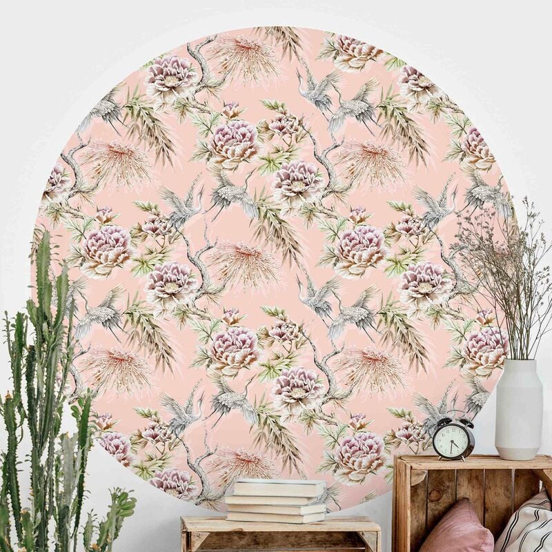 

Papel pintado redondo autoadhesivo - Watercolor Birds With Large Flowers In Front Of Pink Dimensión LxA: 244cm x 244cm