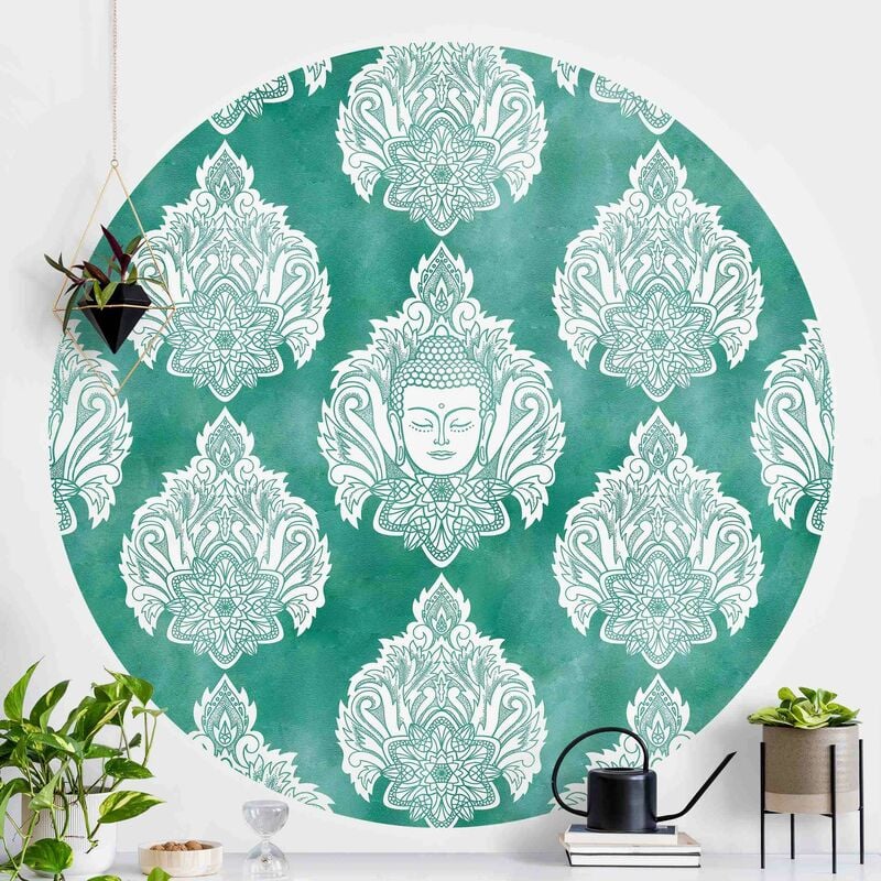 

Papel pintado redondo autoadhesivo - Buddha And Lotus Emerald Pattern Dimensión LxA: 150cm x 150cm