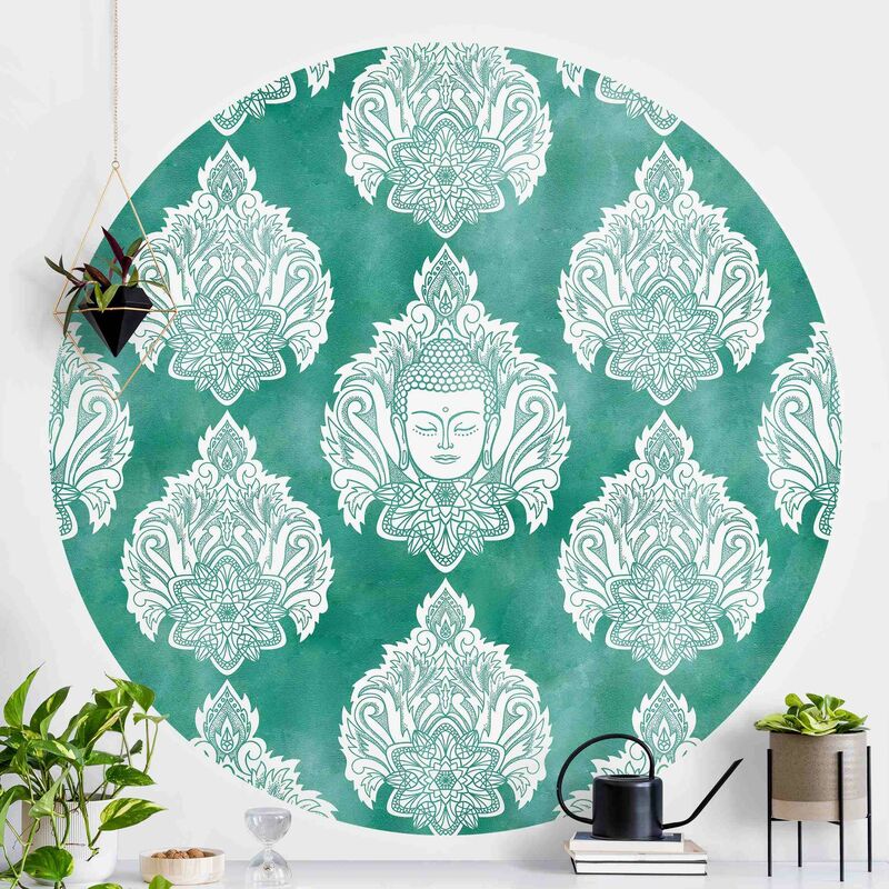 

Papel pintado redondo autoadhesivo - Buddha And Lotus Emerald Pattern Dimensión LxA: 244cm x 244cm