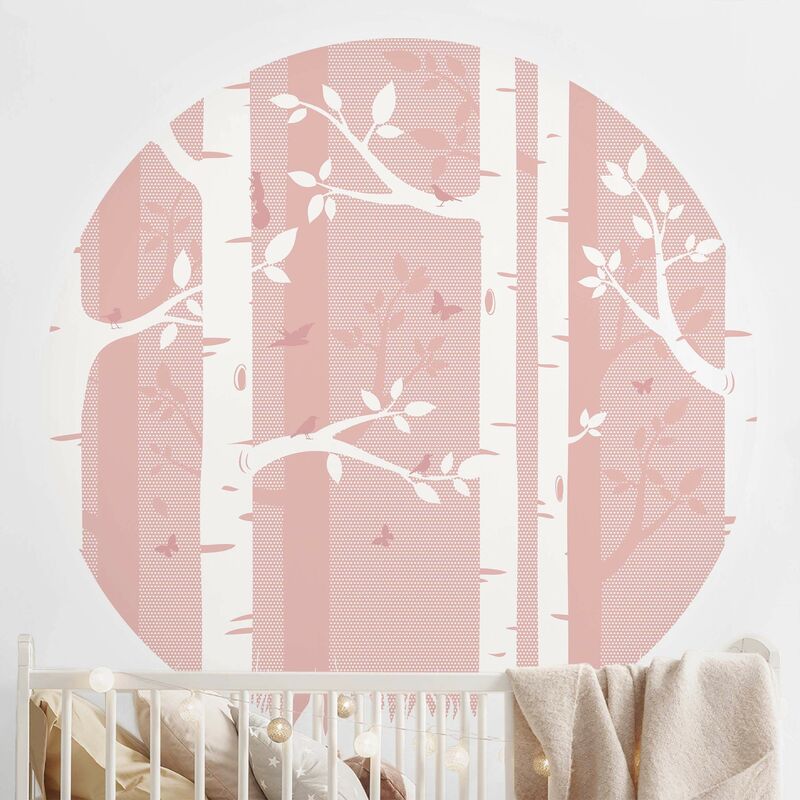 

Papel pintado redondo autoadhesivo - Pink Birch Forest With Butterflies And Birds Dimensión LxA: 122cm x 122cm