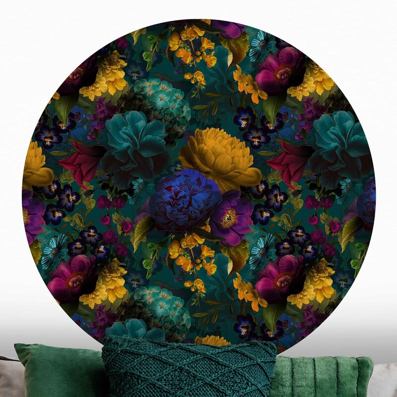 

Papel pintado redondo autoadhesivo - Yellow Blossoms With Blue Flowers In Front Of Turquoise Dimensión LxA: 244cm x 244cm