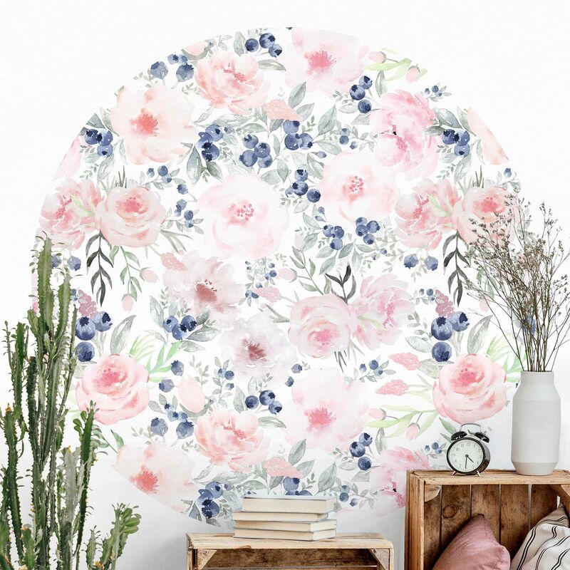 

Papel pintado redondo autoadhesivo - Pink Roses With Blueberries In Front Of White Dimensión LxA: 244cm x 244cm