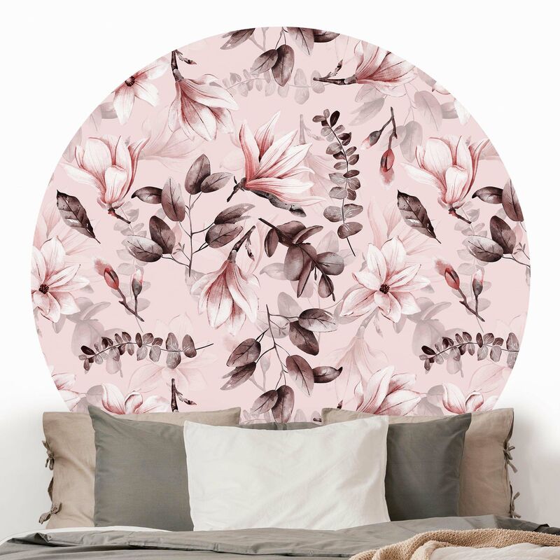 

Papel pintado redondo autoadhesivo - Blossoms With Gray Leaves In Front Of Pink Dimensión LxA: 75cm x 75cm