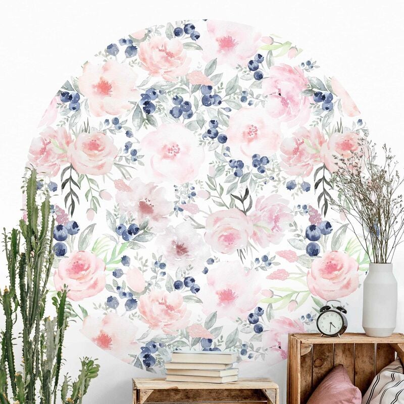 

Papel pintado redondo autoadhesivo - Pink Roses With Blueberries In Front Of White Dimensión LxA: 175cm x 175cm