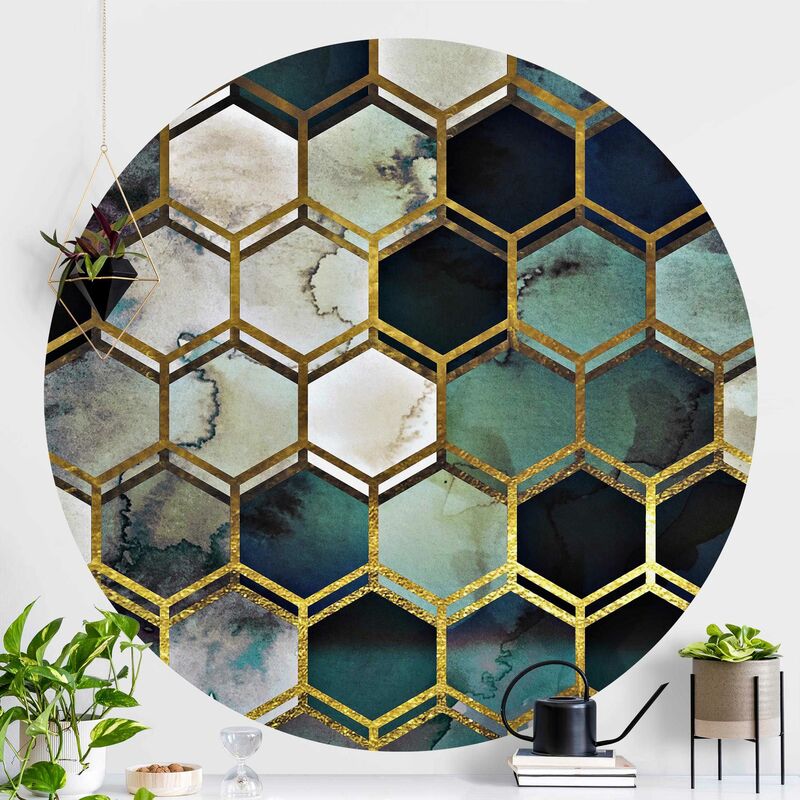 

Papel pintado redondo autoadhesivo - Hexagonal Dreams Watercolour With Gold Dimensión LxA: 150cm x 150cm