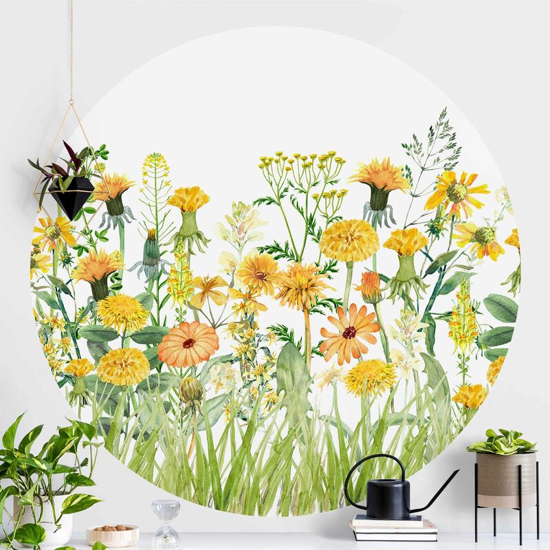 

Papel pintado redondo autoadhesivo - Watercolour Flower Meadow In Gelb Dimensión LxA: 100cm x 100cm