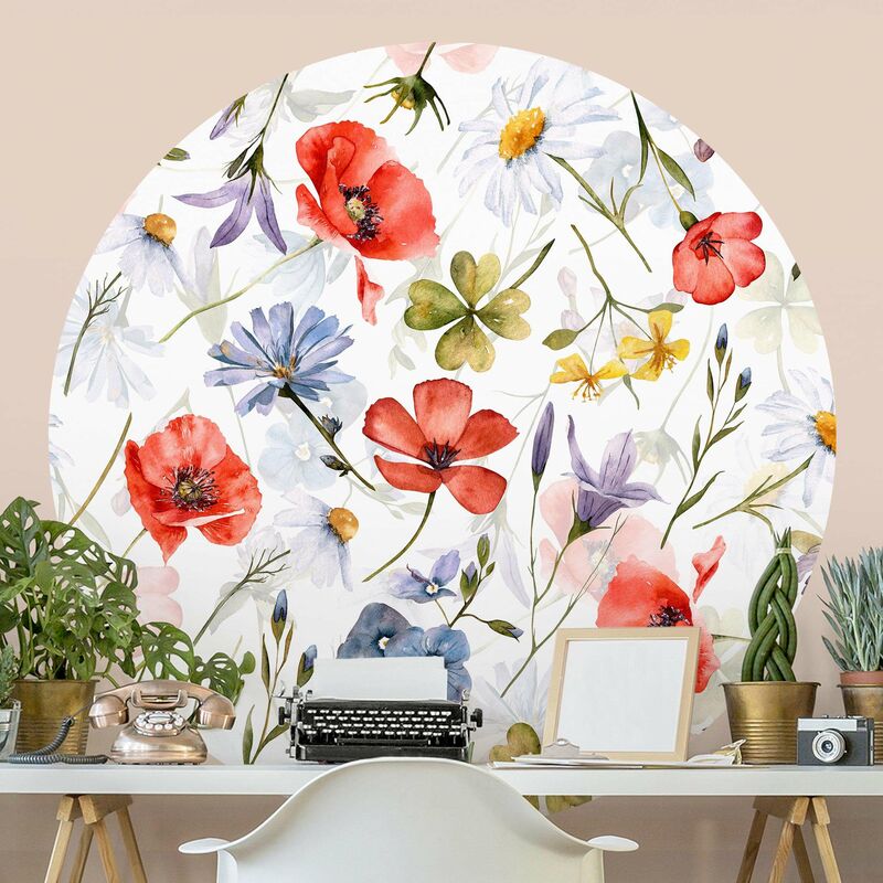 

Papel pintado redondo autoadhesivo - Watercolour Poppy With Cloverleaf Dimensión LxA: 100cm x 100cm