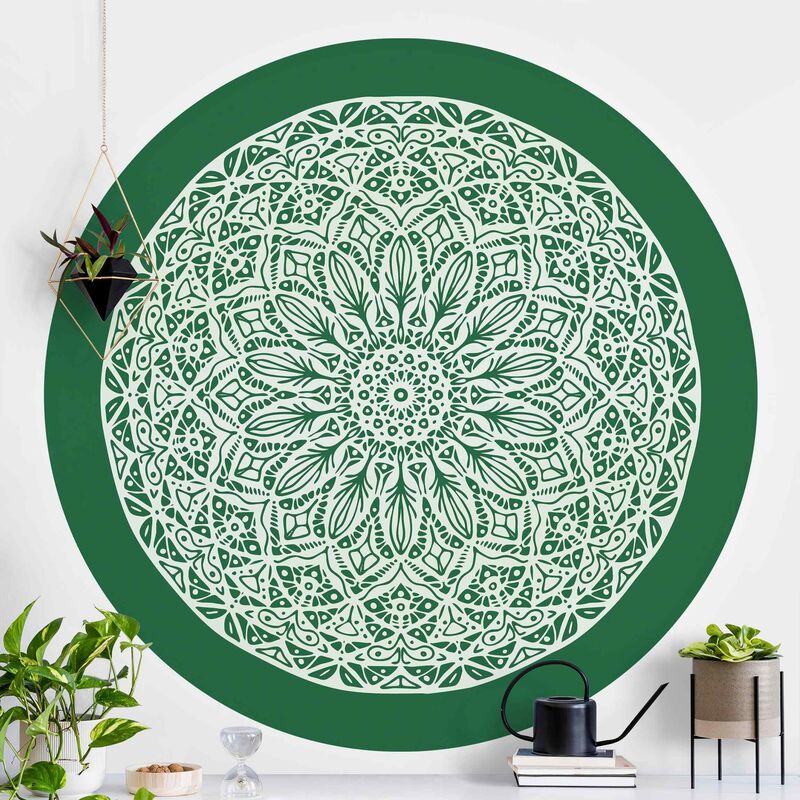 

Papel pintado redondo autoadhesivo - Mandala Ornament In Front Of Green Dimensión LxA: 75cm x 75cm