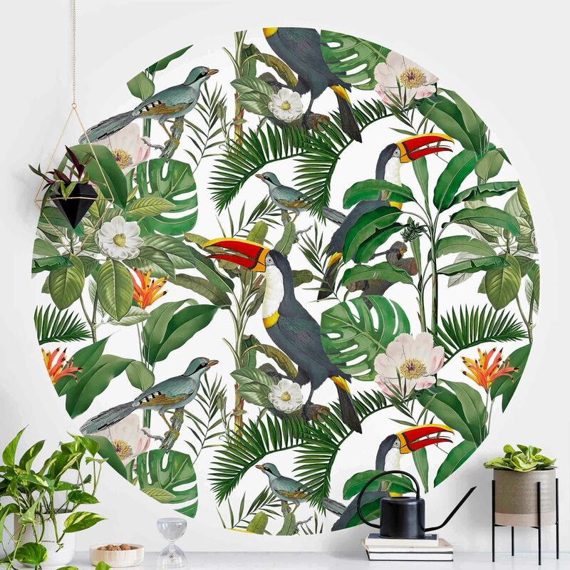 

Papel pintado redondo autoadhesivo - Tropical Toucan With Monstera And Palm Leaves Dimensión LxA: 244cm x 244cm