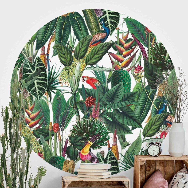 

Papel pintado redondo autoadhesivo - Colorful Tropical Rainforest Pattern Dimensión LxA: 50cm x 50cm