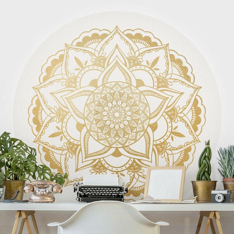 

Papel pintado redondo autoadhesivo - Mandala Flower Gold White Dimensión LxA: 225cm x 225cm