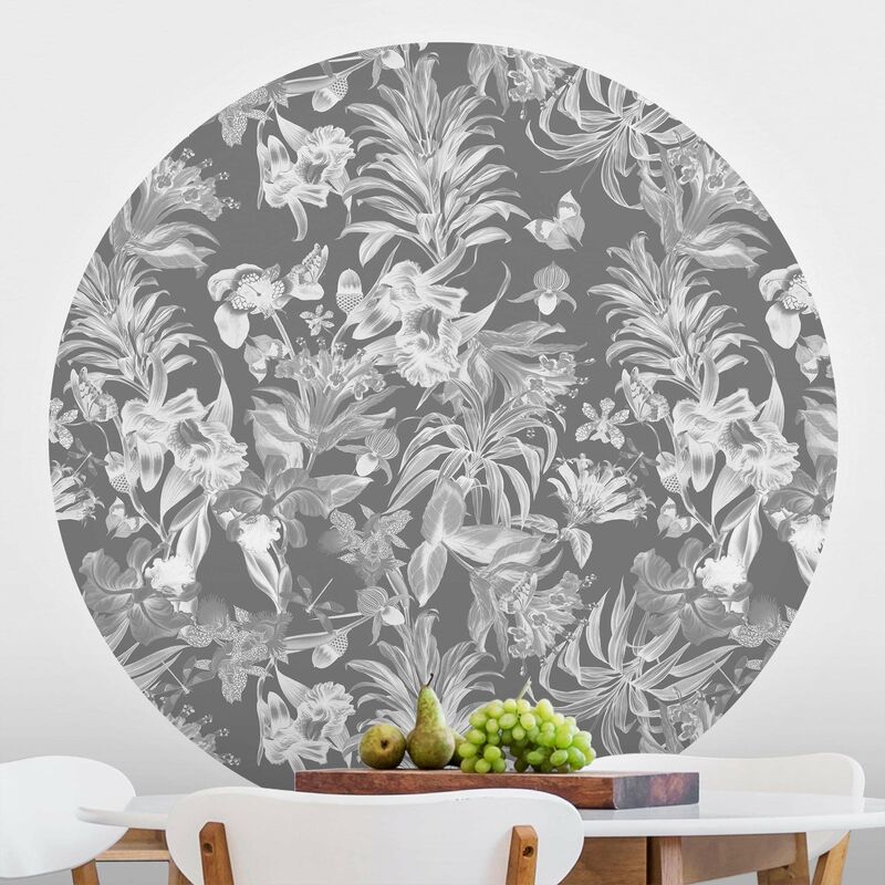 

Papel pintado redondo autoadhesivo - Tropical Flowers In Front Of Gray Dimensión LxA: 75cm x 75cm