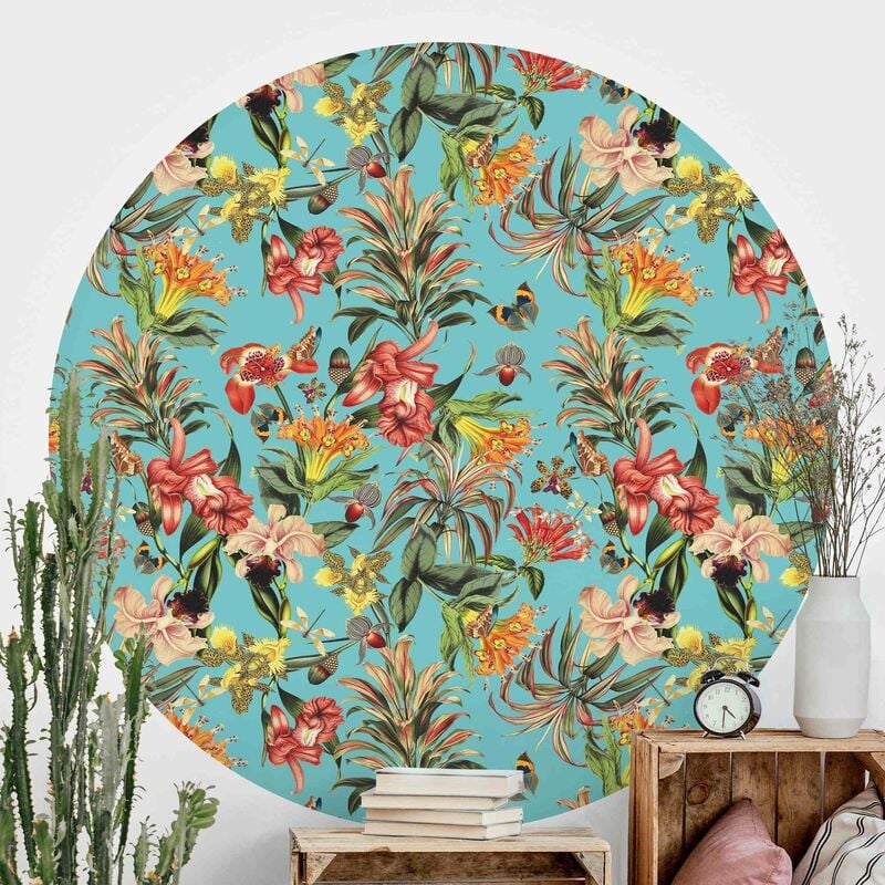 

Papel pintado redondo autoadhesivo - Tropical Flowers In Front Of Blue Dimensión LxA: 100cm x 100cm