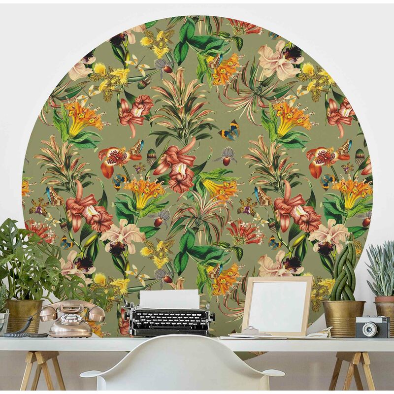 

Papel pintado redondo autoadhesivo - Tropical Flowers In Front Of Green Dimensión LxA: 50cm x 50cm