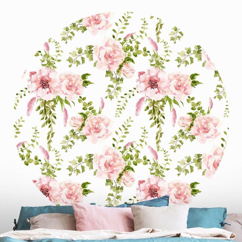 

Papel pintado redondo autoadhesivo - Green Leaves With Pink Flowers In Watercolor Dimensión LxA: 244cm x 244cm