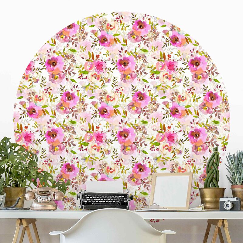 

Papel pintado redondo autoadhesivo - Pink Watercolor Flowers Dimensión LxA: 100cm x 100cm