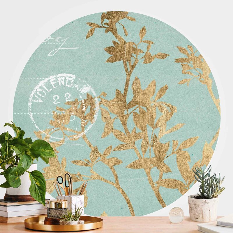 

Papel pintado redondo autoadhesivo - Golden Leaves On Turquoise II Dimensión LxA: 100cm x 100cm