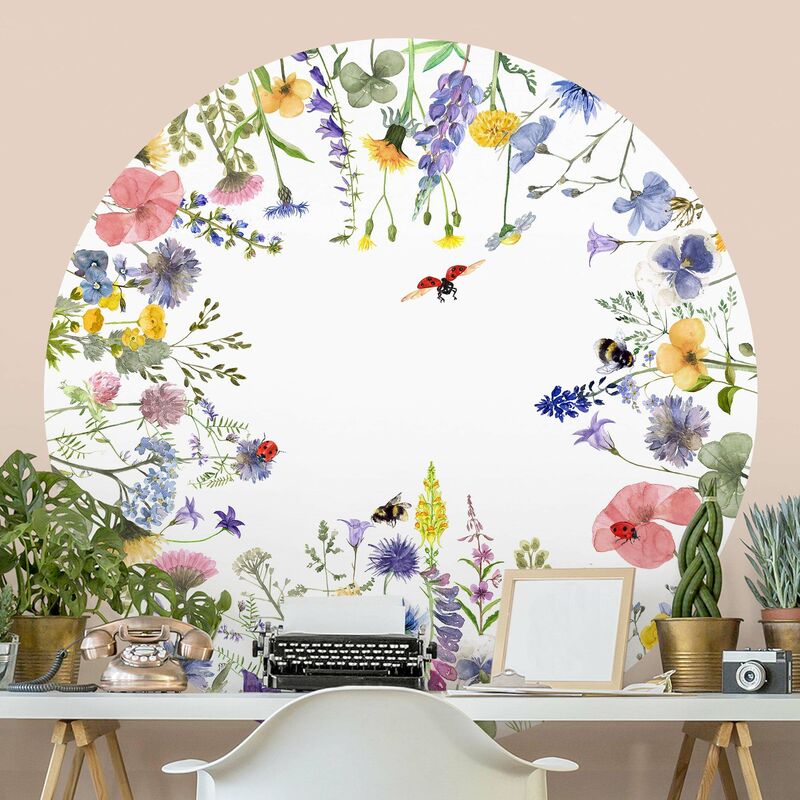 

Papel pintado redondo autoadhesivo - Watercolour Flowers With Ladybirds Dimensión LxA: 100cm x 100cm
