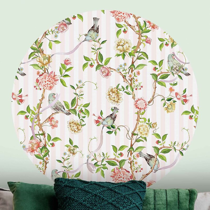 

Papel pintado redondo autoadhesivo - Watercolour Flower Tendrils With Birds Dimensión LxA: 244cm x 244cm