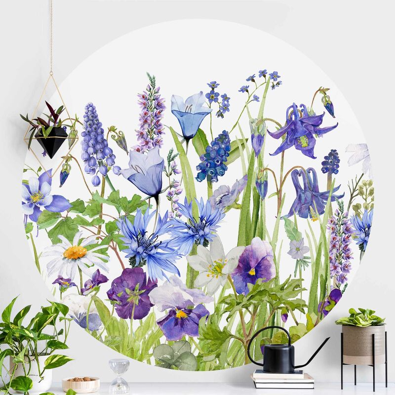 

Papel pintado redondo autoadhesivo - Watercolour Flower Meadow In Blue Dimensión LxA: 175cm x 175cm
