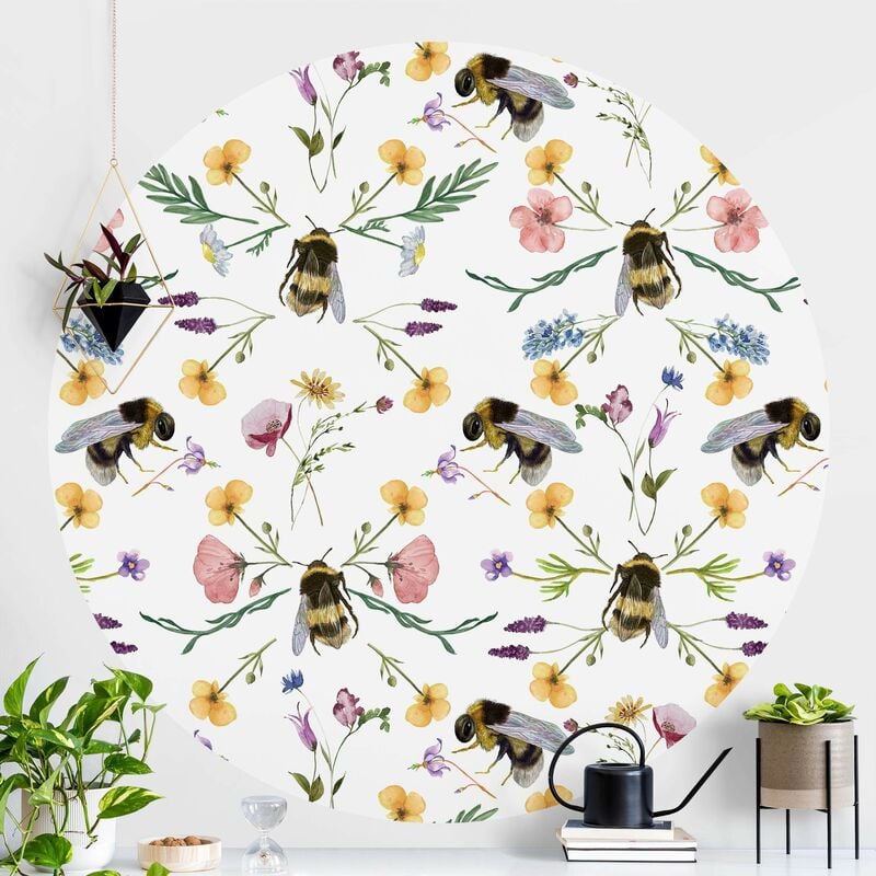 

Papel pintado redondo autoadhesivo - Bees With Flowers Dimensión LxA: 75cm x 75cm