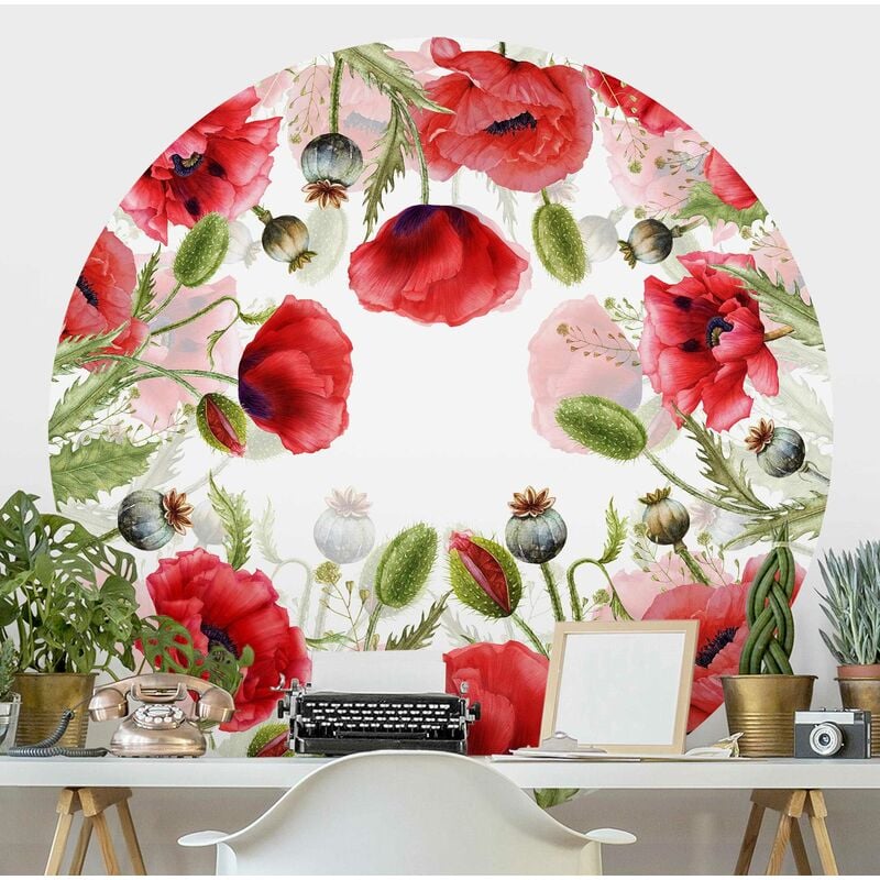 

Papel pintado redondo autoadhesivo - Illustrated Poppies Dimensión LxA: 175cm x 175cm