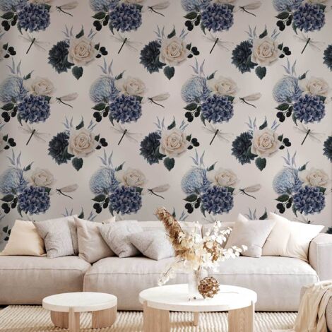 Papel pintado - Rosas e hortensias