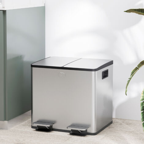 Papelera Cocina de Acero Inoxidable con 2 Compartimentos 2x15L Pedal Tapas de Cierre Suave y Cubo Extraíble Plata
