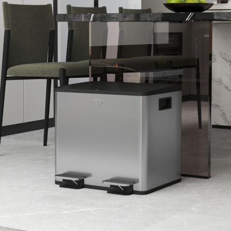 Papelera de Cocina de Acero Inoxidable con 2 Compartimentos 2x15L Pedales Tapas de Cierre Suave y Cubo Extraíble Plata